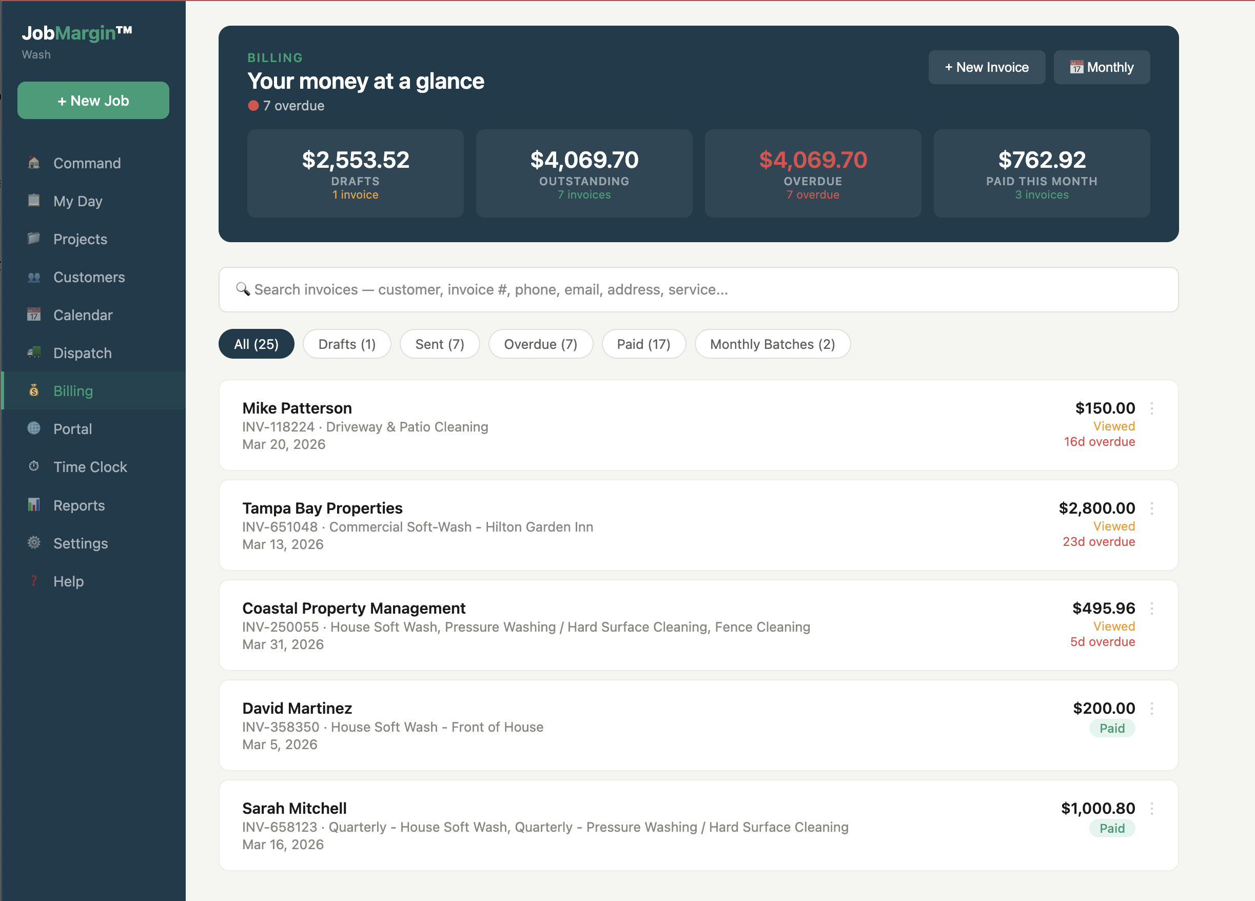 Billing page with invoice tracking