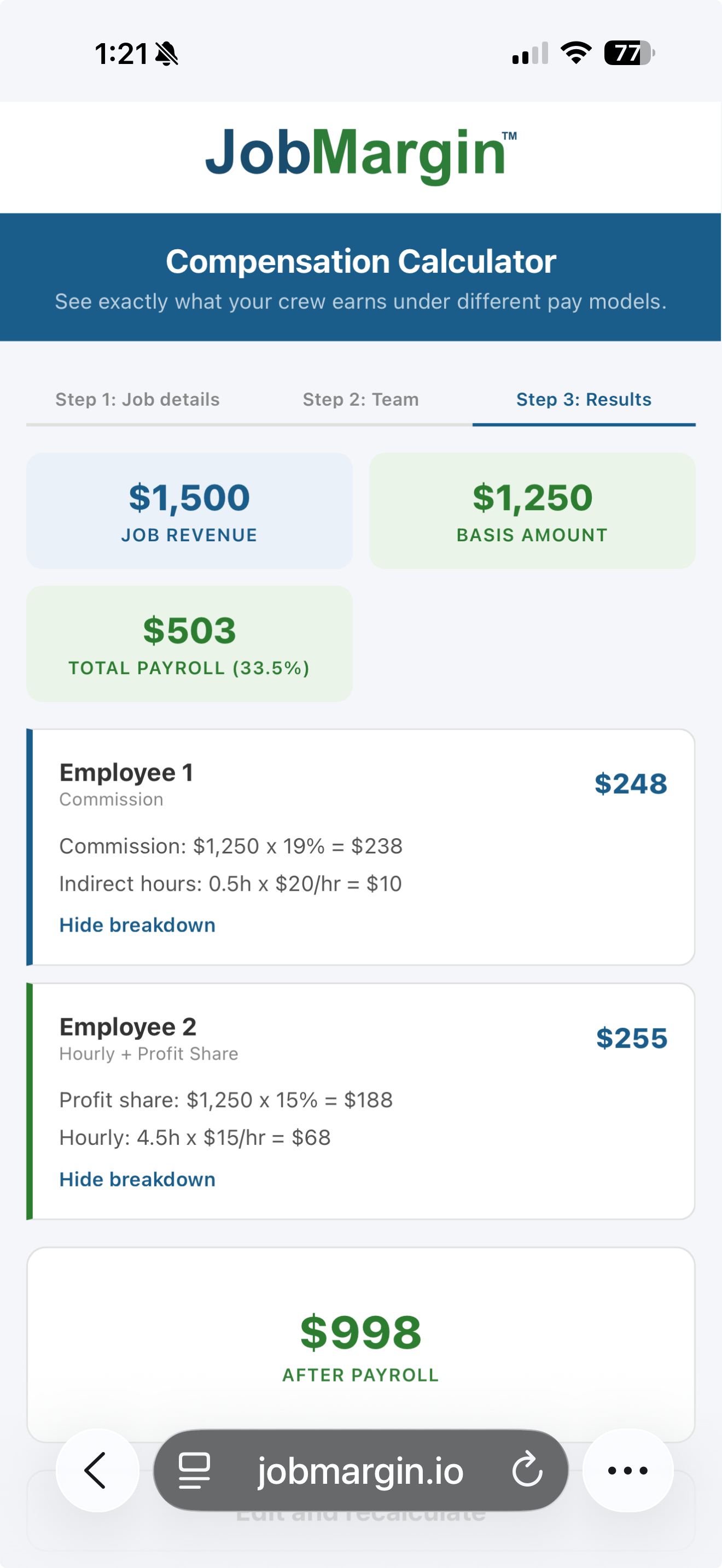 Compensation Calculator showing employee pay breakdown