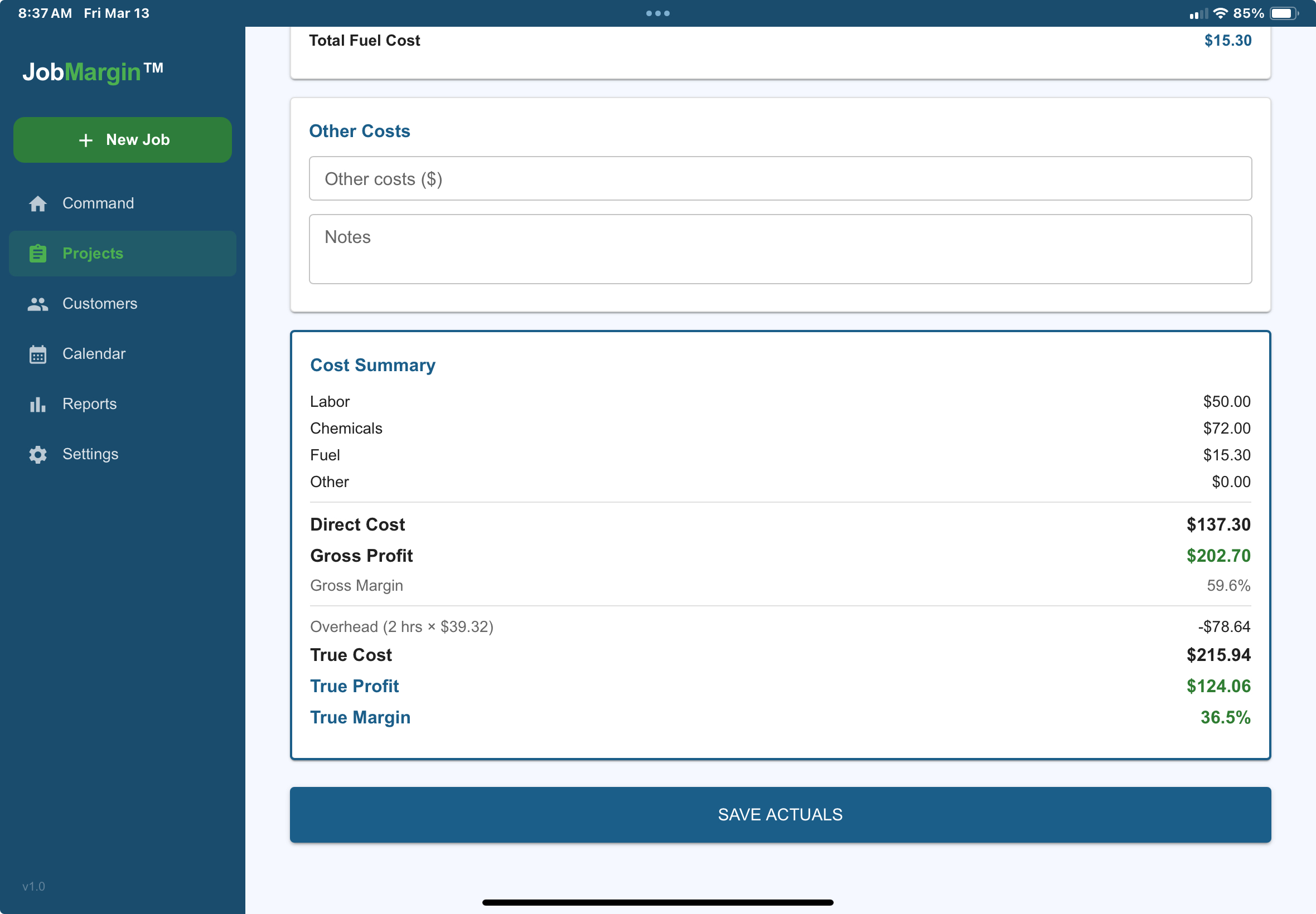 Cost breakdown estimate vs actual