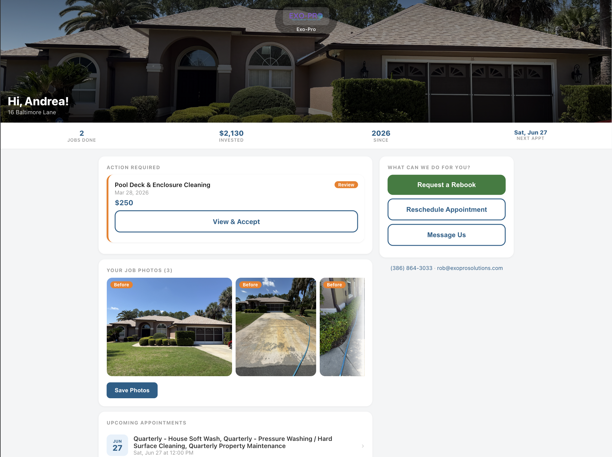 Customer portal showing service history, photos, and rebooking