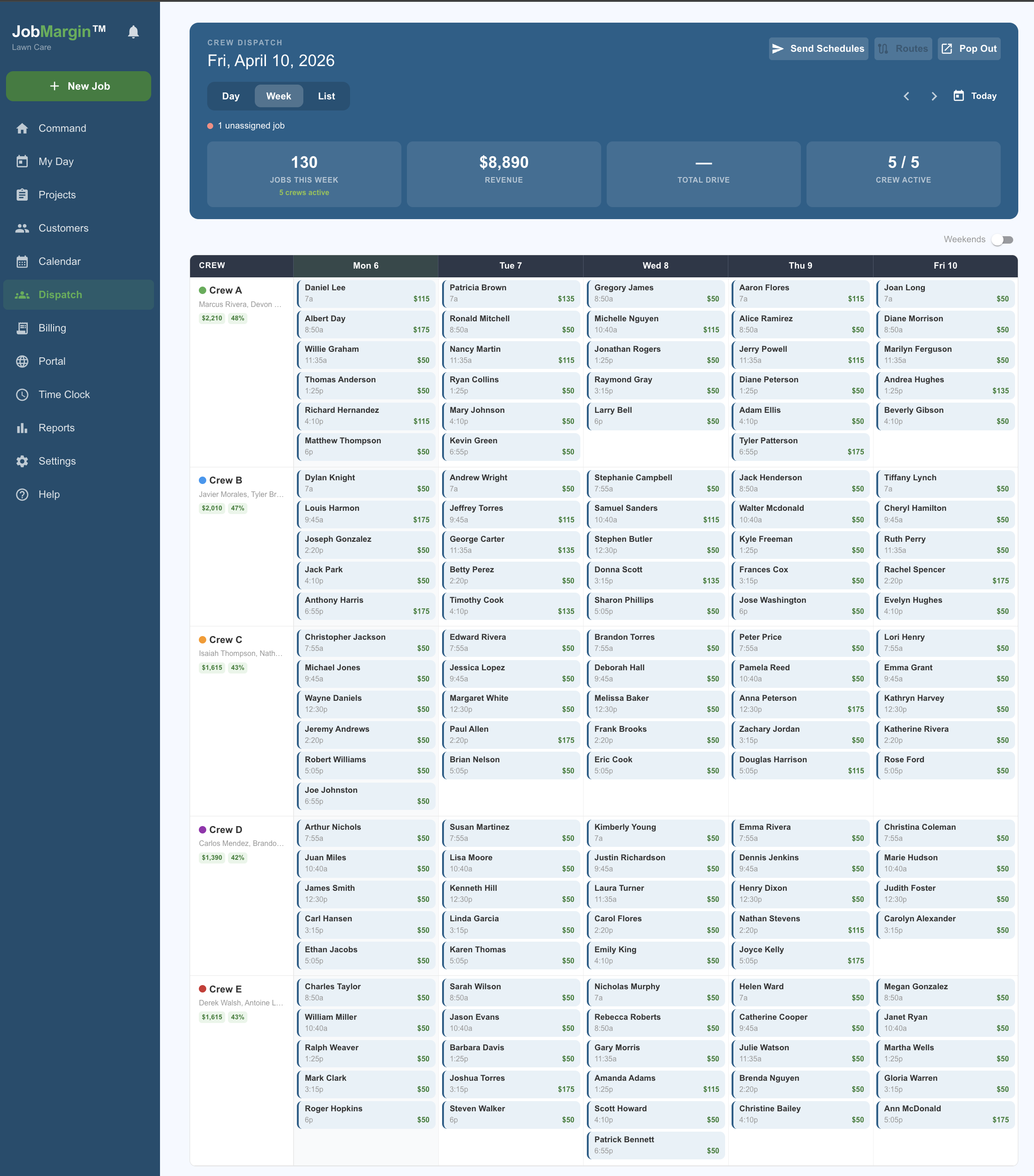 Dispatch week view showing full week schedule