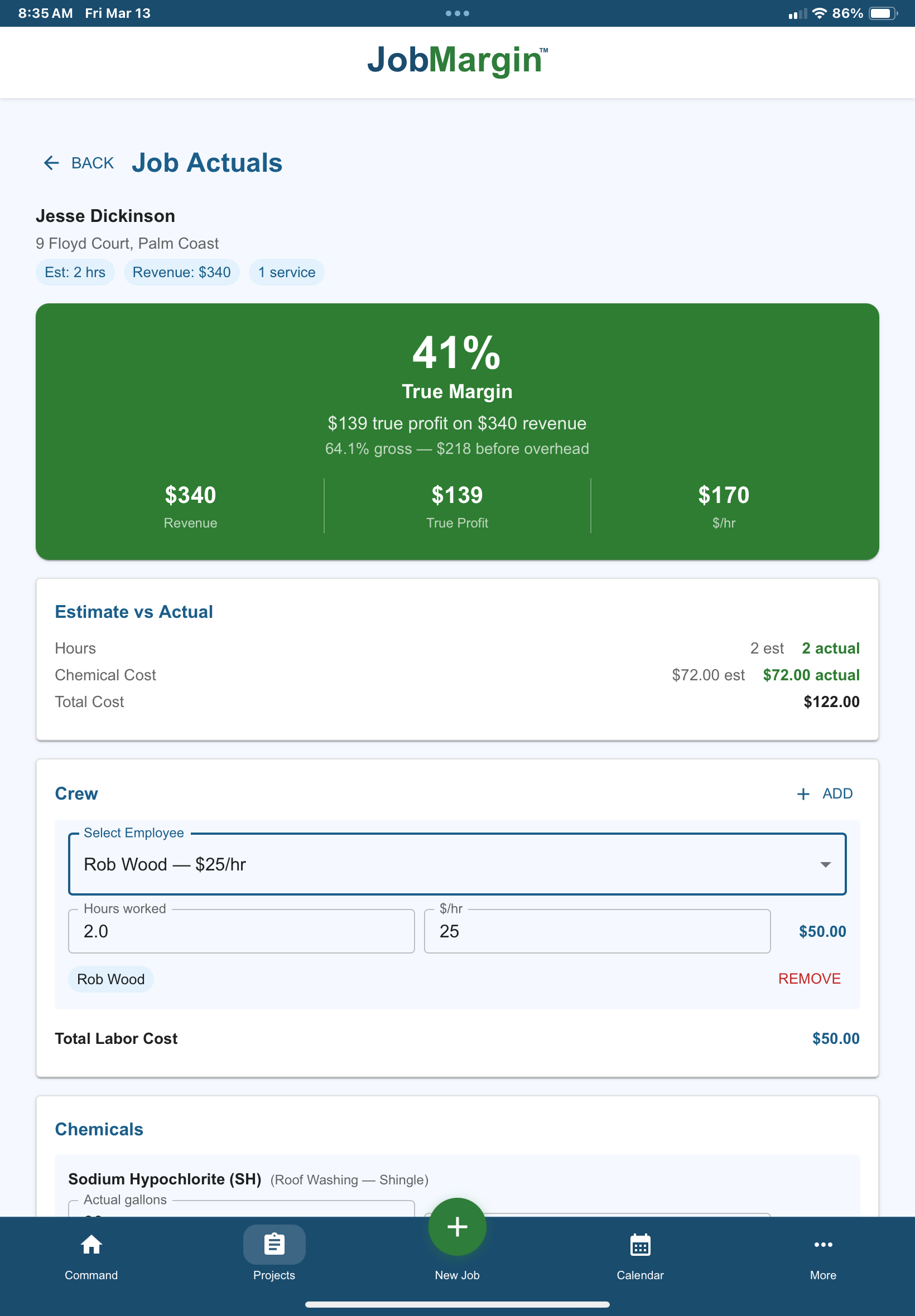 Job margin tracking card