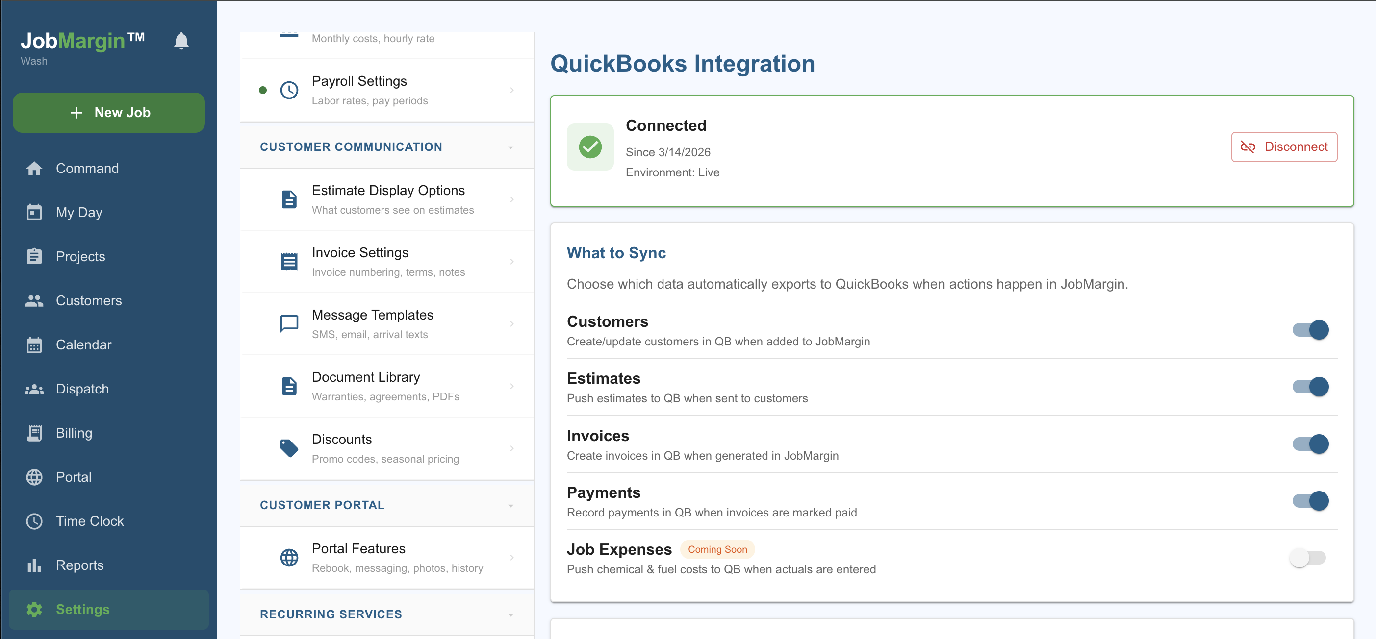 QuickBooks integration with sync toggles